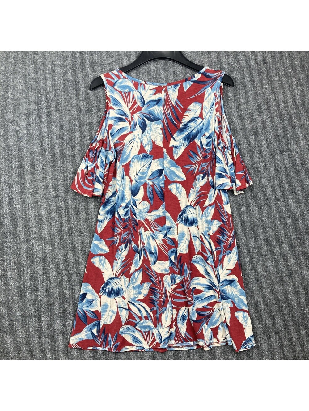 Honeyme Womens Small Maroon Blue Floral Patten Cold Shoulder S/S Tunic Dress EUC - Picture 4 of 4
